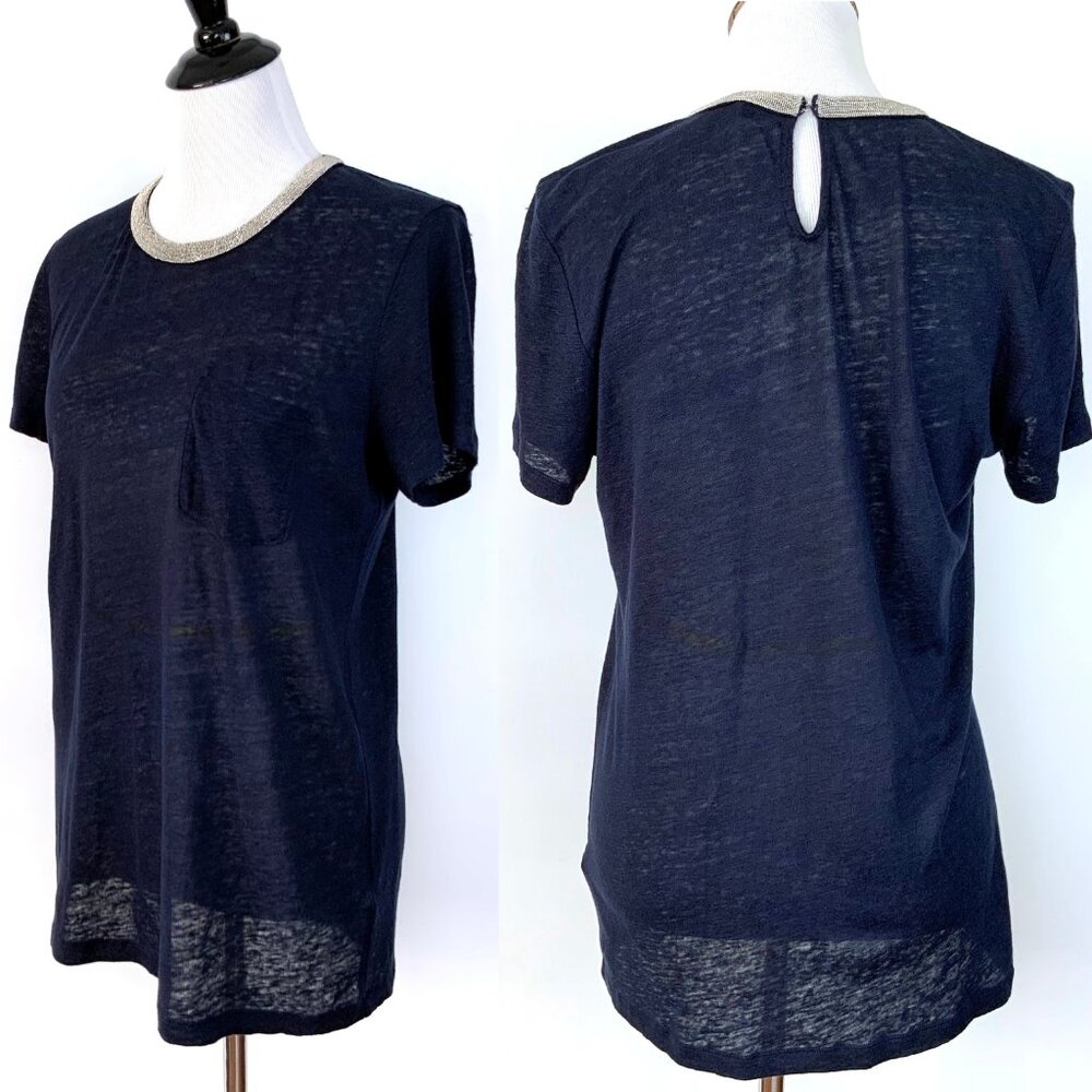 New J. Crew Navy Linen Embellished Collar Short Sleeve Tee Sz M - Picture 5 of 16